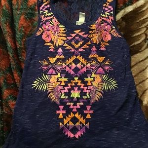 Sleeveless blue colorful with lacy back top size medium